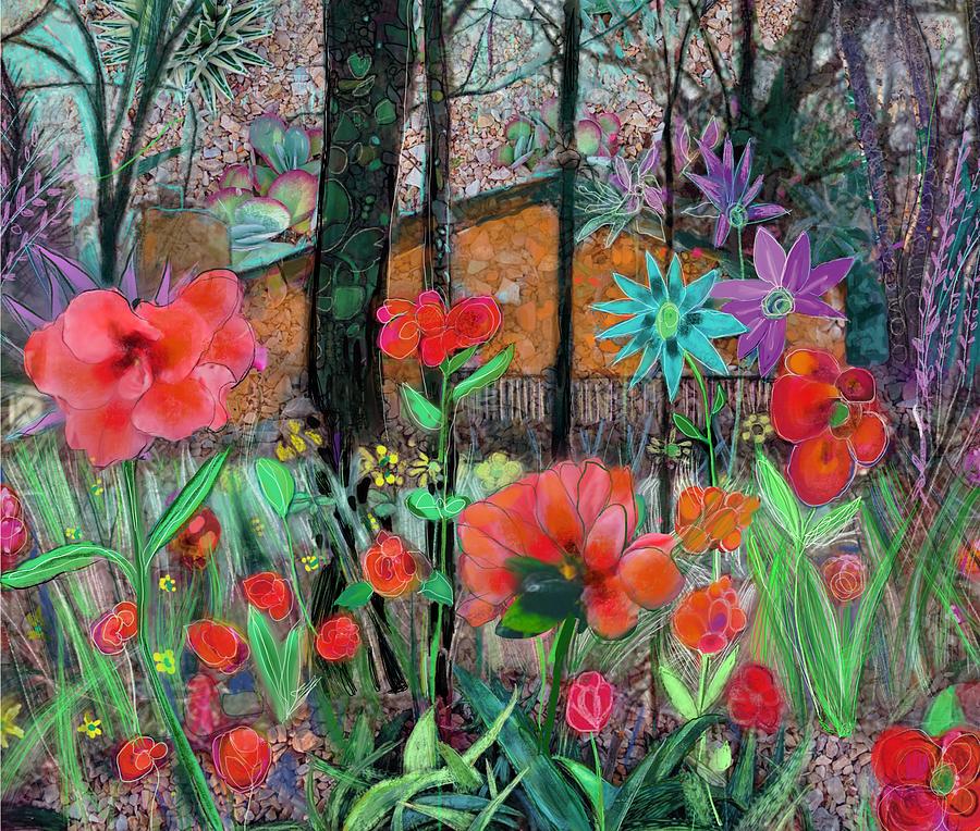 Flowery Field with Cabin Mixed Media by Suki Michelle