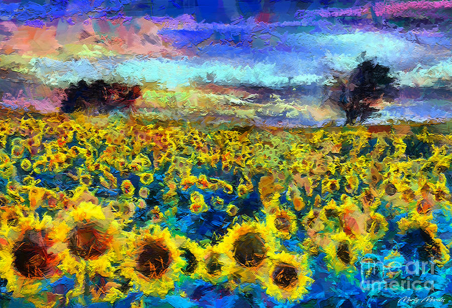 Field of Sunflowers V1 Mixed Media by Martys Royal Art