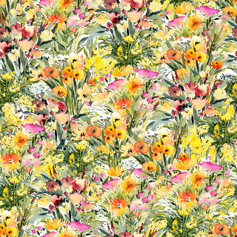 Field Of Tiny Flowers On Seamless Pattern. Watercolor Illustration In Bright Colors. Summer Garden On Background Texture Drawing