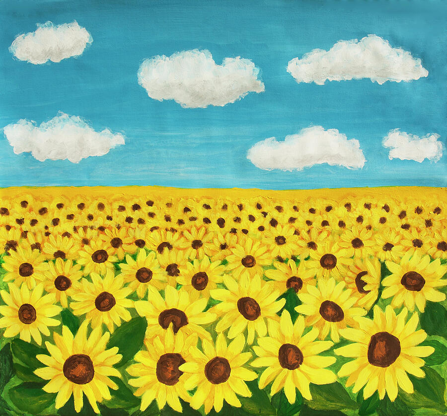 Field with sunflowers and blue sky with clouds acrylic painting  Painting by Irina Afonskaya