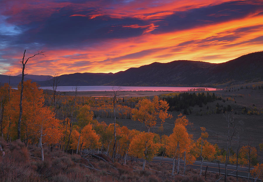 Fiery autumn sunrise at Fish Lake in Utah Photograph by Jetson Nguyen
