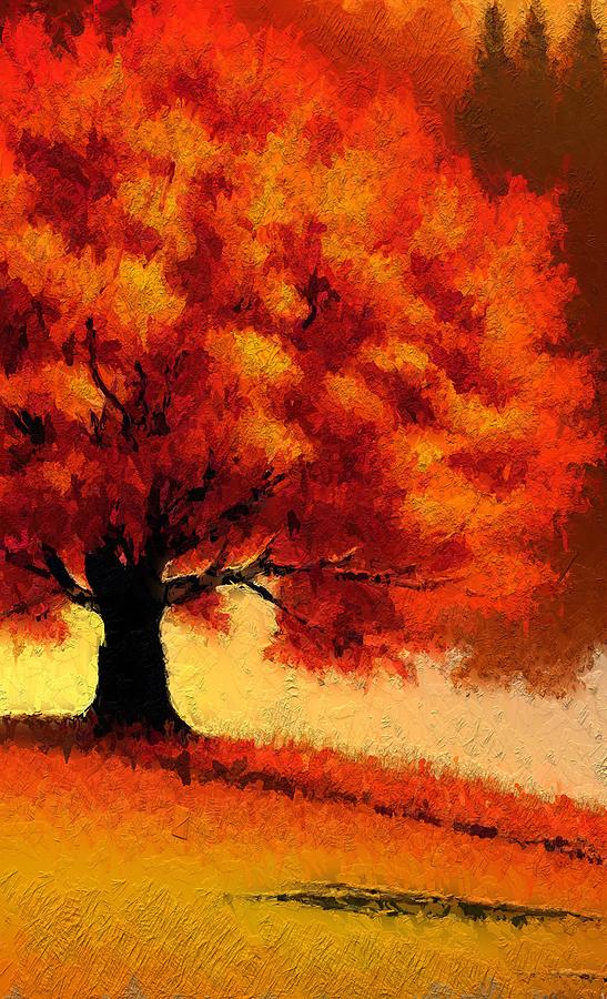 Fiery Autumn Tree Mixed Media by Bonnie Bruno