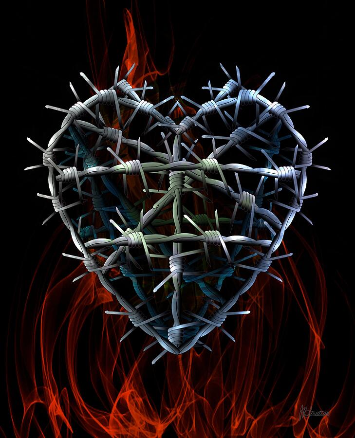 Fiery Barbed Wire Heart Drawing by Joan Stratton