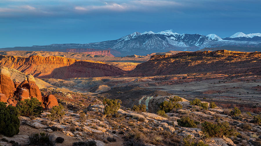 Fiery Furnace and La Sal Mountains at Sunset Photograph by Andy Konieczny