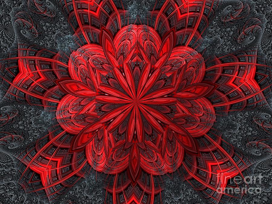 Abstract Digital Art - Fiery Red Flower on the Black Lava Fractal Kaleidoscope Mandala Abstract by Rose Santuci-Sofranko