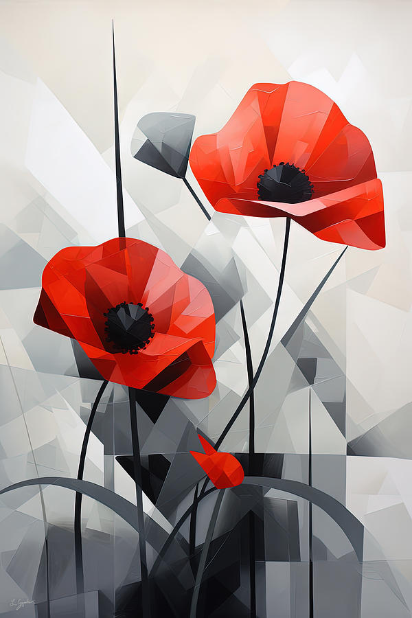 Fiery Red Poppies - Geometric Floral Art Painting