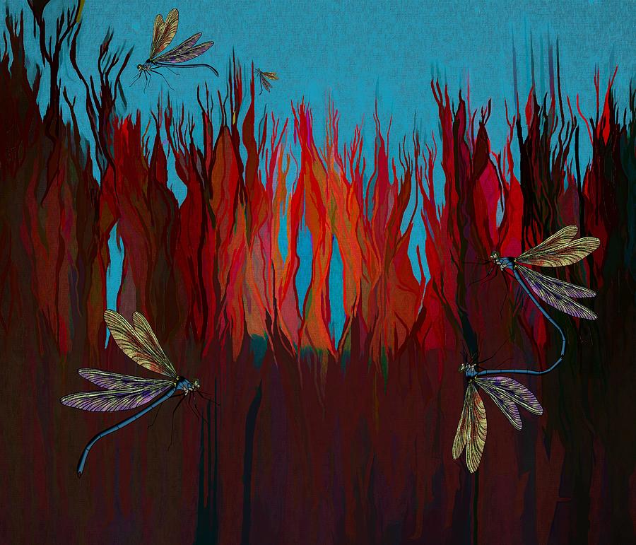 Fiery Reeds Dragonflies Take Flight Digital Art by Joan Stratton