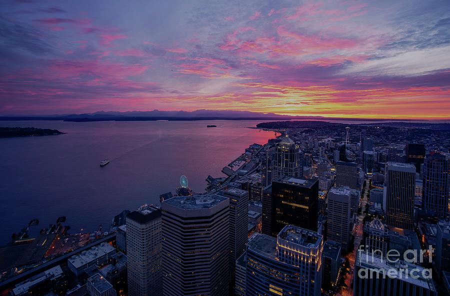 Fiery Seattle Sunset and Skyline Photograph by Mike Reid