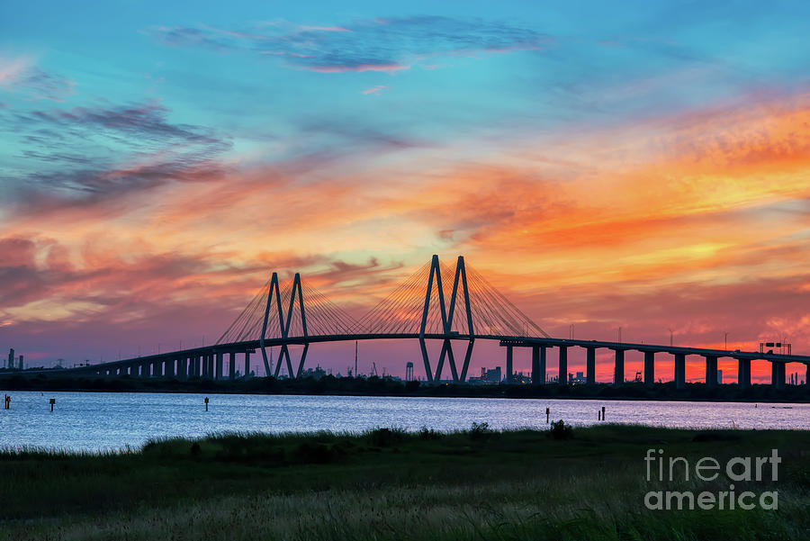 Fiery Skies Over Fred Hartman Bridge  Photograph by Bee Creek Photography - Tod and Cynthia