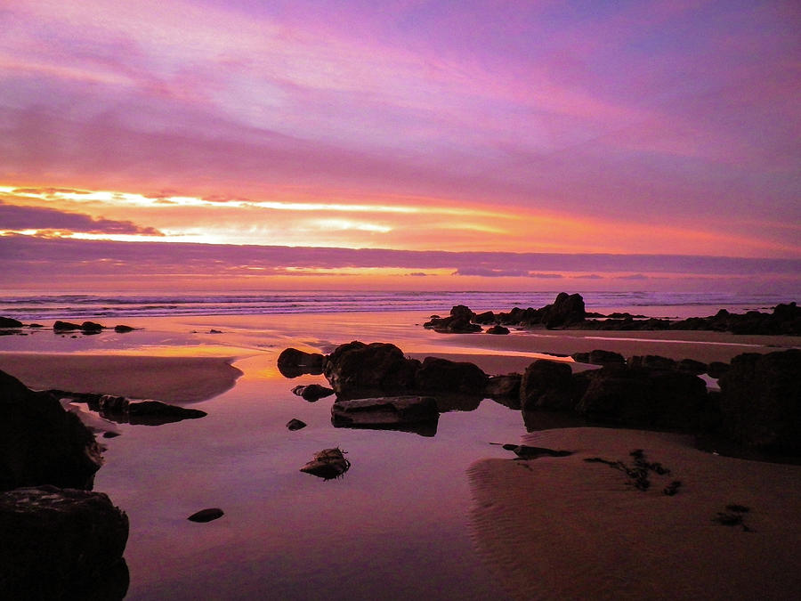 Sunset Photograph - Fiery Sunset Sandymouth Beach Rock Pools Cornwall by Richard Brookes