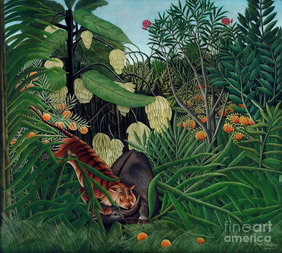Fight between a Tiger and a Buffalo by Henri Rousseau Painting by - Henri Rousseau