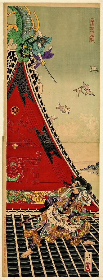 Fight on the roof between the two rivals Genpachi en Shino on the Horyukaku, Tsukioka Yoshitoshi, 18 Painting by Artistic Rifki