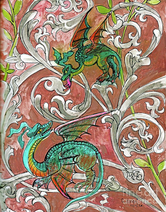 Fighting Green Dragons In Floral Burgundy Painting by Genevieve Esson