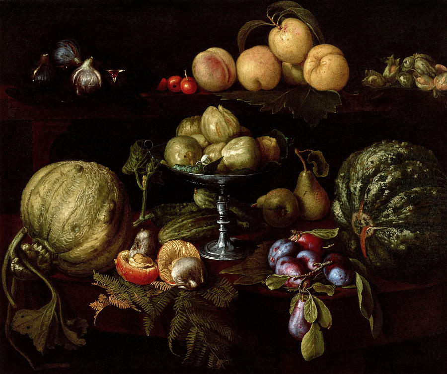 Giovanni Painting - Figs On A Tazza With Pears Quinces Melons Plums Mushrooms On A Table With Figs Cherries Peaches And Acorns On A Ledge Above by Giovanni Battista Crescenzi Giovanni Painting - Figs On A Tazza With Pears Quinces Melons Plums Mushrooms On A Table With Figs Cherries Peaches And Acorns On A Ledge Above by Giovanni Battista Crescenzi