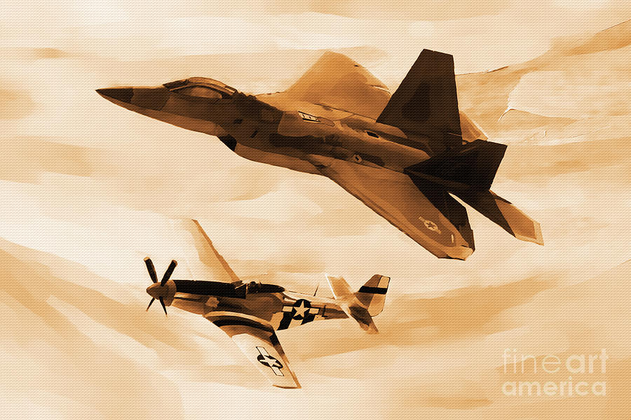 Figters F22 Raptor and  P-51  Painting by Gull G