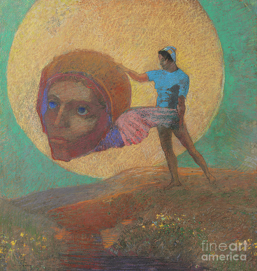 Figure portant une tete ailee Pastel by Odilon Redon