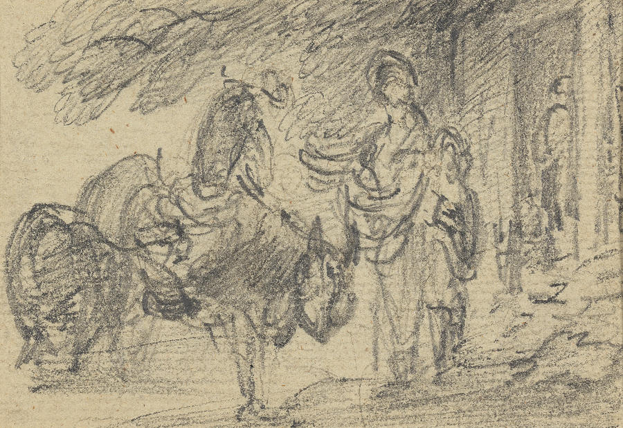 Figures and Horses Near a Doorway Drawing by Gainsborough Dupont