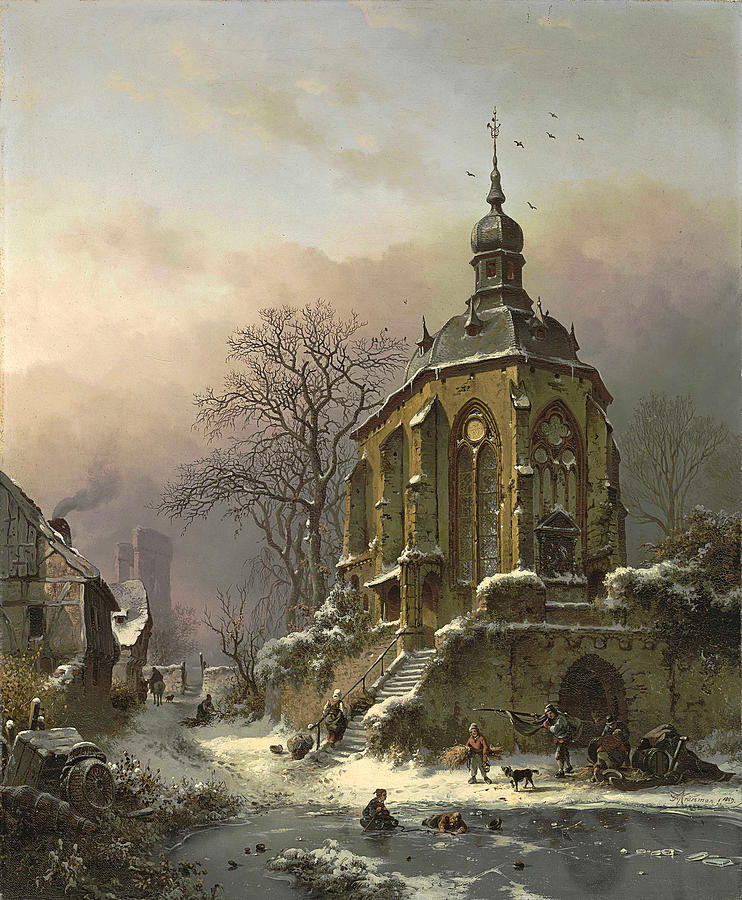Figures at Work in a Winter Landscape, an Approaching Storm Beyond Painting by Fredrik Marinus Kruseman