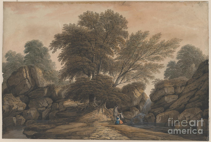 Figures Beside a Waterfall and Pool in a Wooded Landscape Painting by Shop Ability