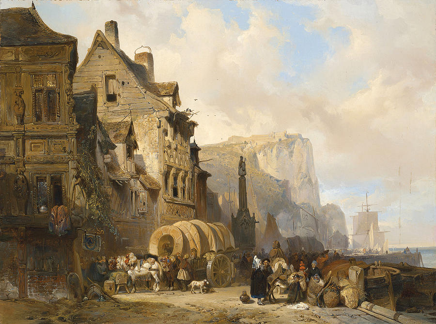 Figures by a harbour inn, Normandy  Painting by Wijnand Nuijen