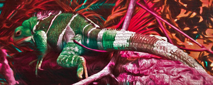 Fijian Crested Iguana Graffiti Look Mixed Media by Joan Stratton