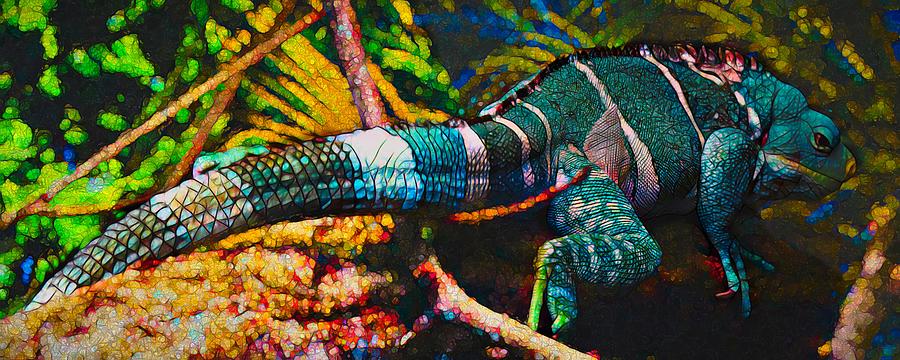 Fijian Crested Iguana Tail To Tip Mixed Media by Joan Stratton