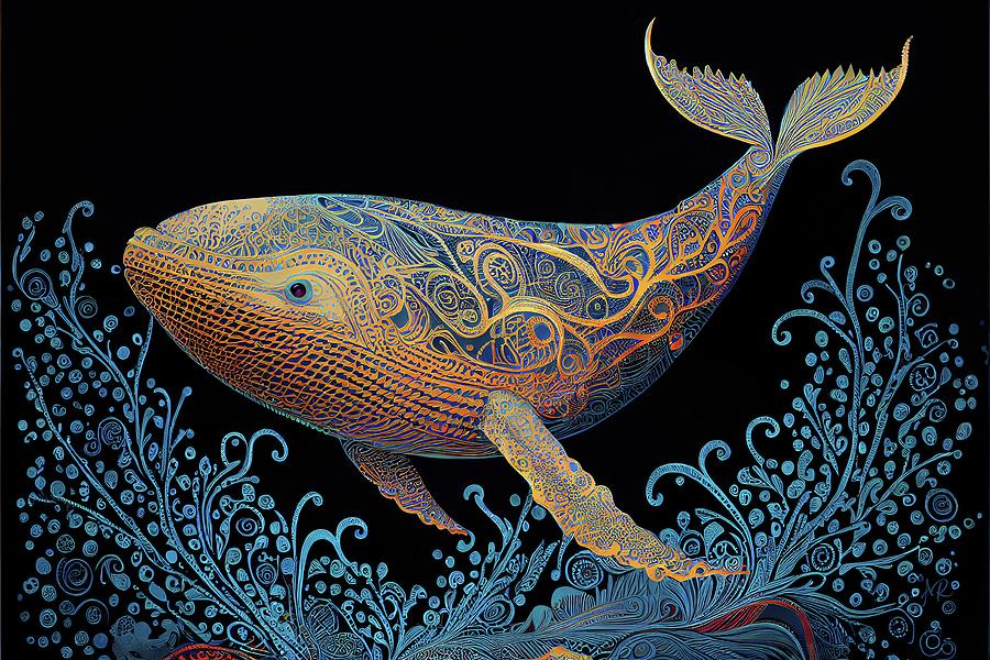 Filigree Whale in Blue Florals Digital Art by Adrian Reich