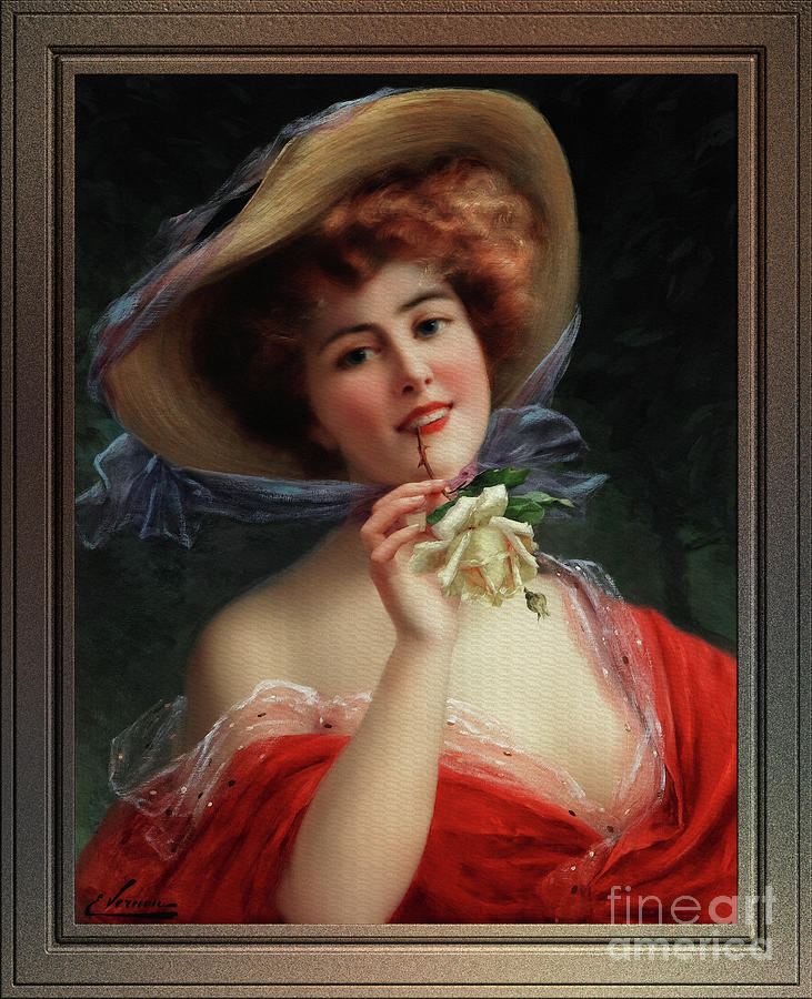 Fille A La Rose Jaune by Emile Vernon Vintage Art Xzendor7 Old Masters Reproductions Painting by Rolando Burbon
