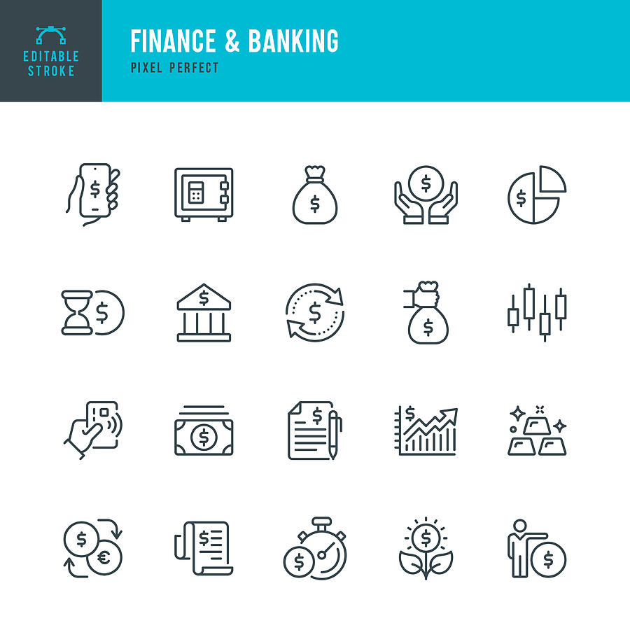 Finance & Banking - thin line vector icon set. Pixel perfect. Editable stroke. The set contains icons: Bank, Contactless Payment, Bank Deposit, Money Bag, Mobile Banking, Gold. Drawing by Fonikum