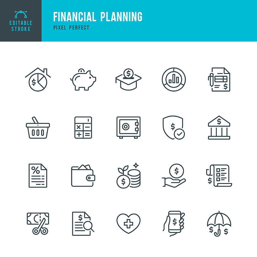 Financial Planning - thin line vector icon set. Pixel perfect. The set contains icons: Financial Planning, Piggy Bank, Savings, Economy, Insurance, Home Finances. Drawing by Fonikum