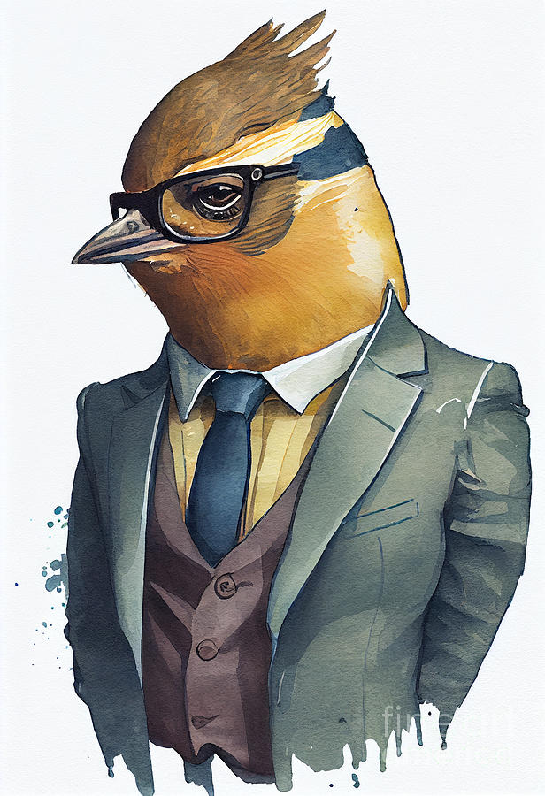 Finch Painting - Finch in Suit Watercolor Hipster Animal Retro Costume by Jeff Creation
