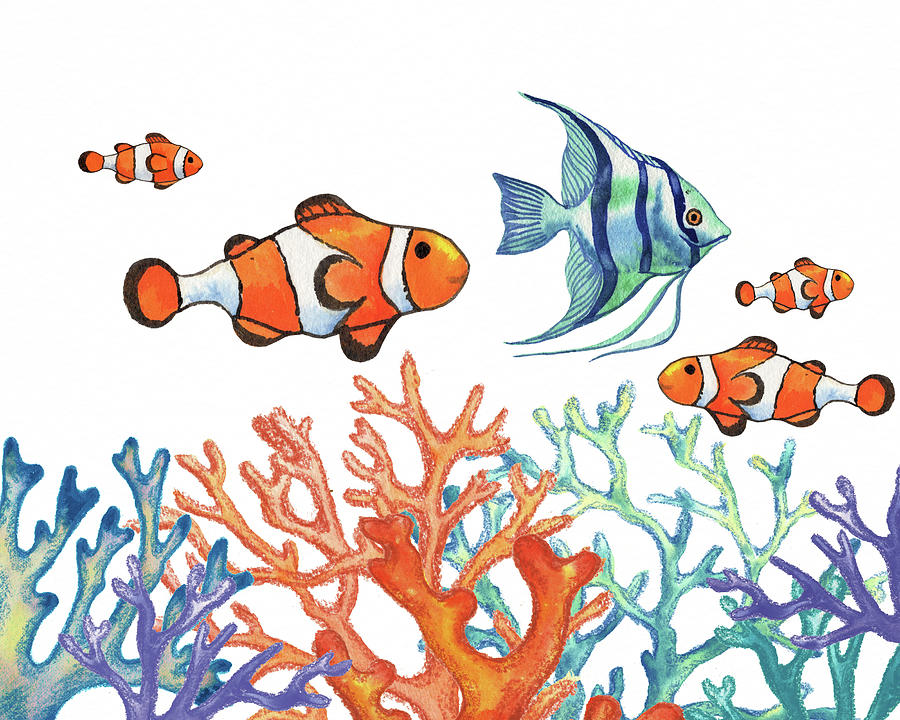 Find Nemo Happy Clownfish And Angel Fish In Corals Watercolor Painting