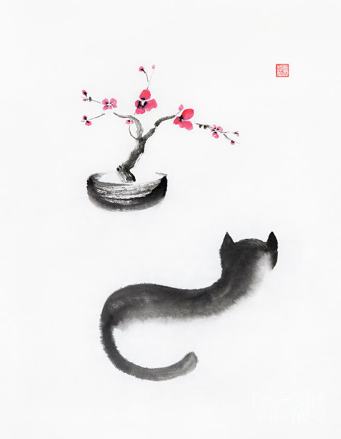 Fine art sumi-e illustration of a black cat watching bonsai saku ...