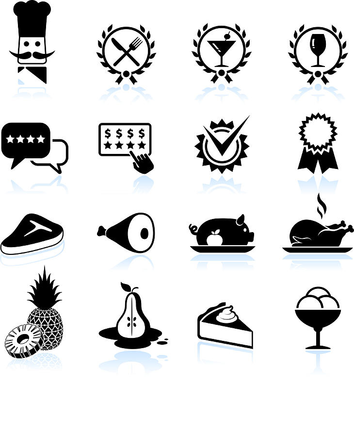 Fine restaurant dining food ratings black & white icon set Drawing by Bubaone