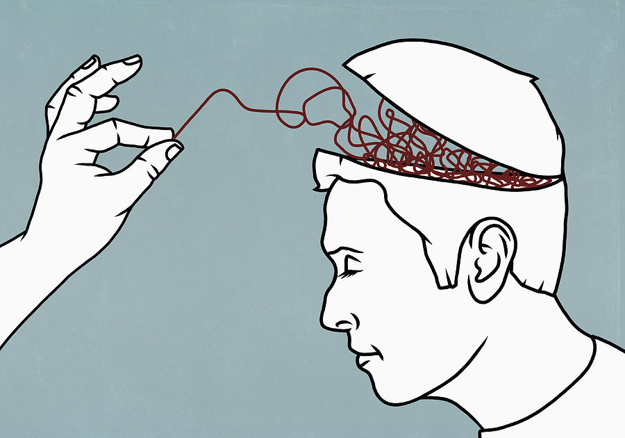 Finger pulling string from brain of man Drawing by Malte Mueller