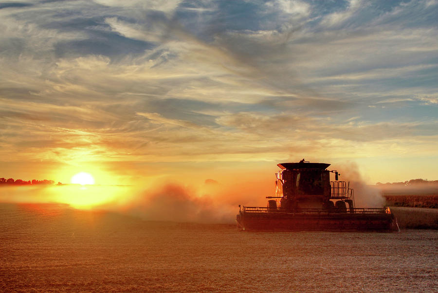 Finishing Up - Wisconsin soybean harvest at sunset Photograph by Peter Herman