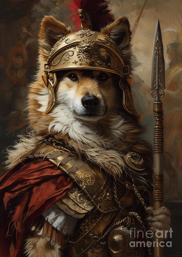 Dog Painting - Finnish Lapphund - dressed as a Roman cold weather scout, hearty and friendly by Adrien Efren