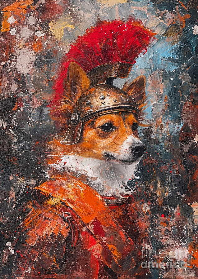 Finnish Spitz - in the gear of a Roman fire signaler, alert and vocal Painting by Adrien Efren