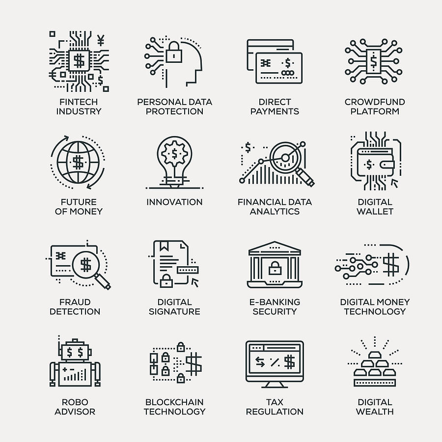 Fintech Industry Icon Set - Line Series Drawing by Enis Aksoy