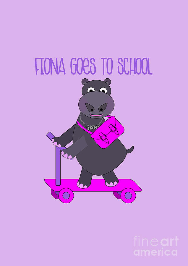 Fiona the Hippo Goes to School on A Scooter Digital Art by Barefoot Bodeez Art