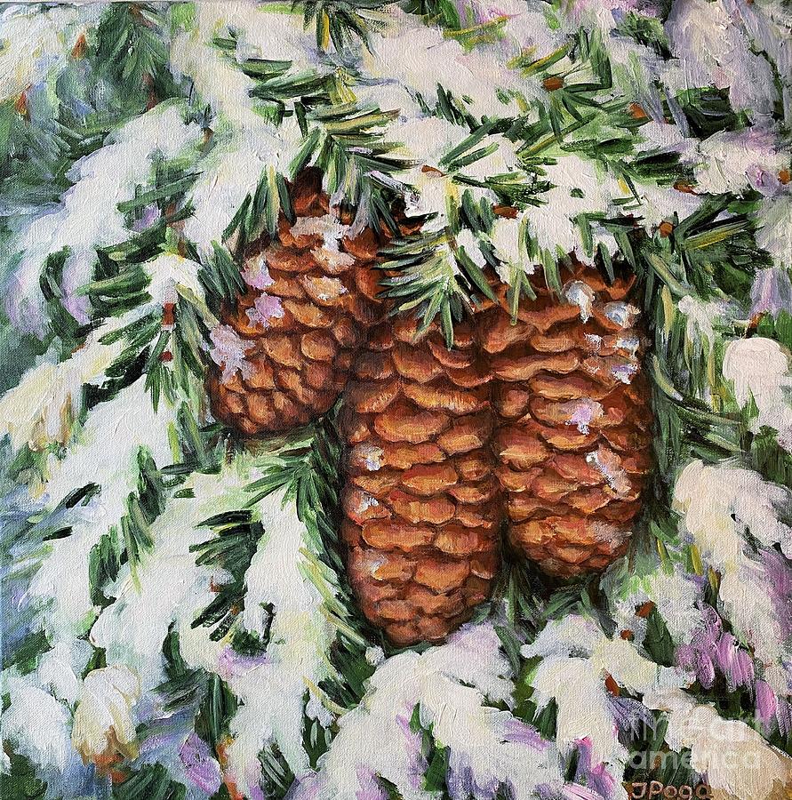 Fir cones under guarding snow Painting by Inese Poga