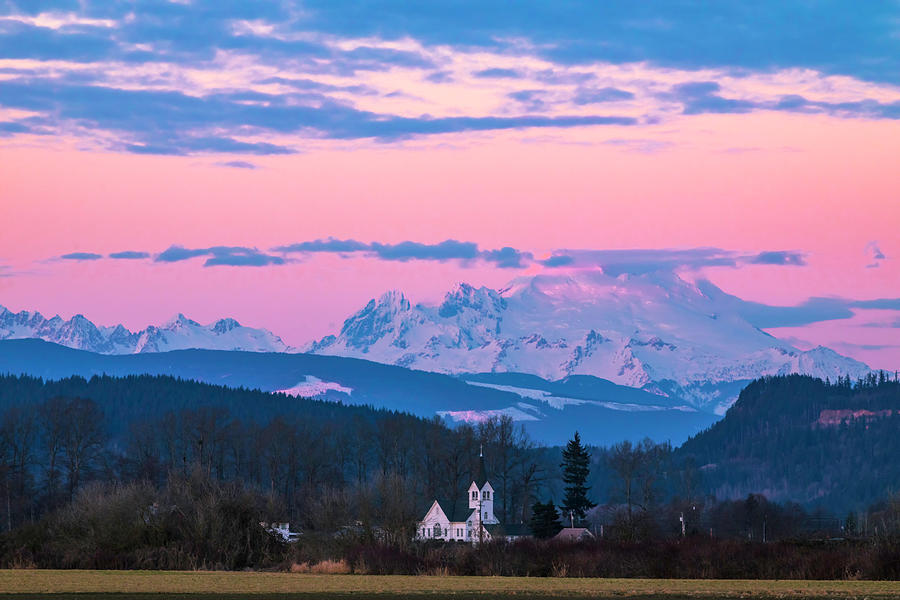 Fir Conway Church and Mt Baker Sunset Photograph by Mark Kiver