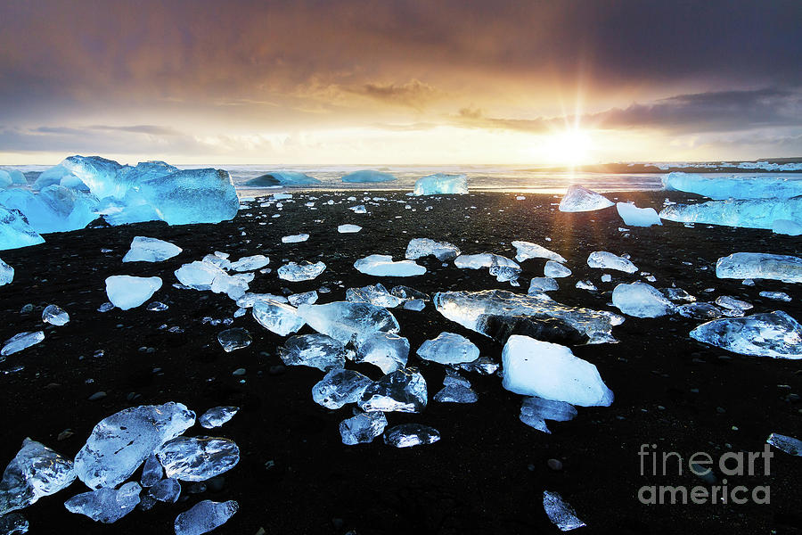 Fire and Ice Black Sand Sunset, Coastal Landscape Photograph Digital Art by PIPA Fine Art - Simply Solid