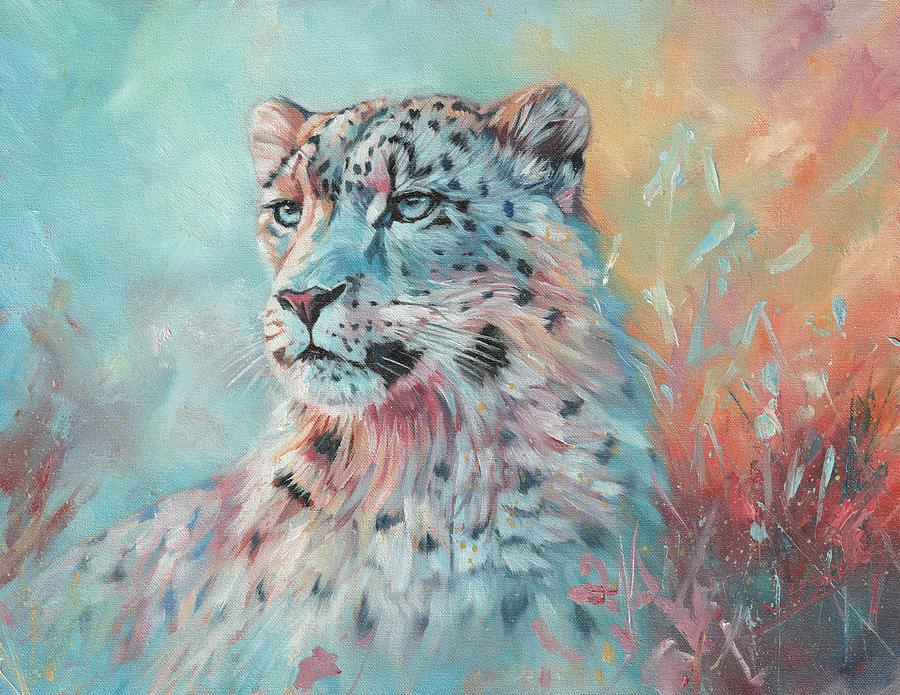 Fire And Ice. Snow Leopard Painting by David Stribbling