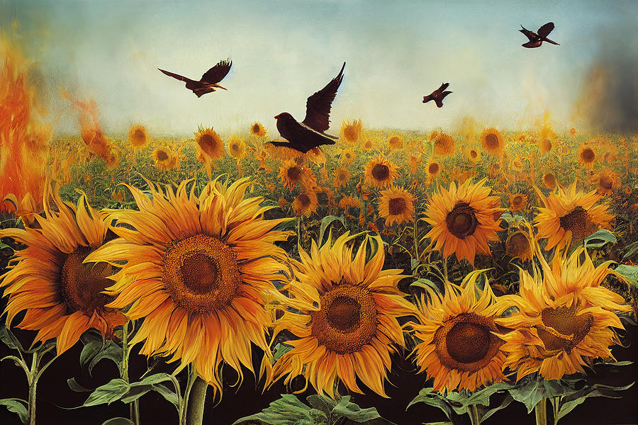 fire  burns  sunflower  field  birds  wind  by  Gerhard  Rich  645563a62e3d645  7eae  645a35  a36455 Painting