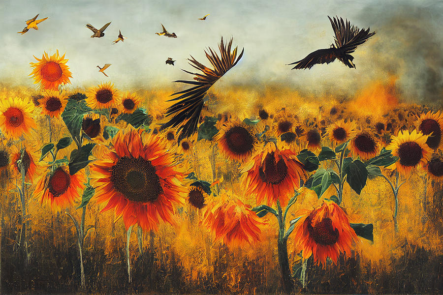 fire  burns  sunflower  field  birds  wind  by  Gerhard  Rich  6457e70043f645  2079  645a79  0439a2 Painting