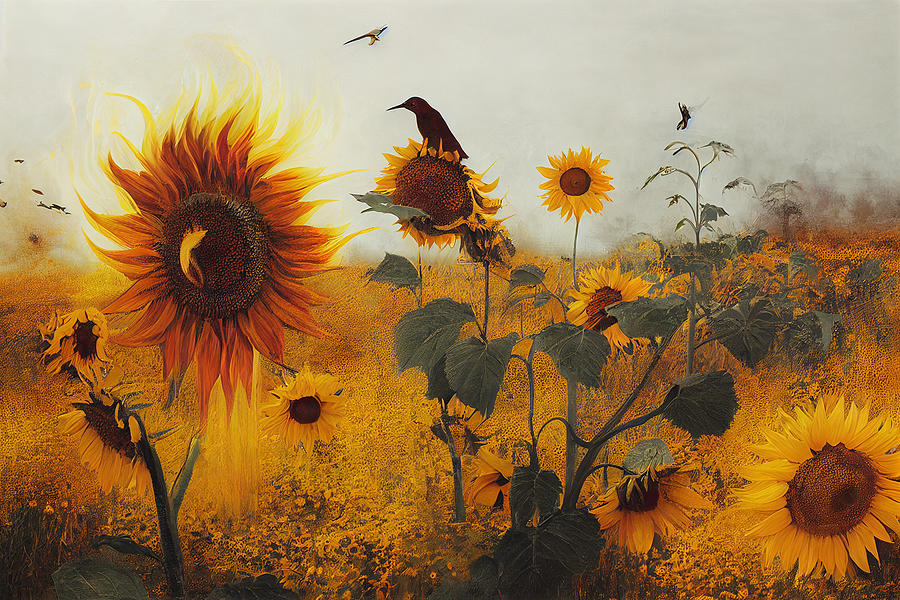 fire  burns  sunflower  field  birds  wind  by  Gerhard  Rich  77f7723c  04390439  645645043e  90064 Painting