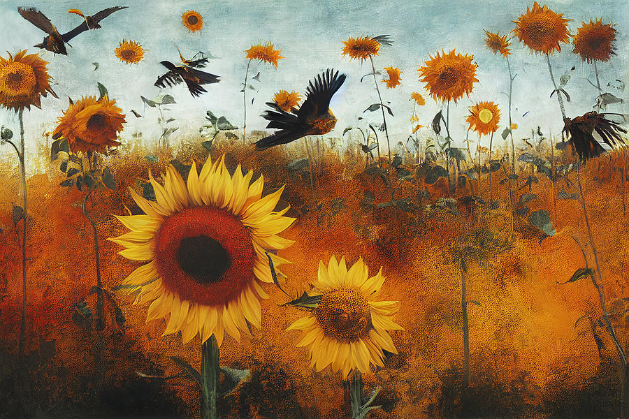 fire  burns  sunflower  field  birds  wind  by  Gerhard  Rich  9645645a36455630437  fef9  6457064556 Painting by Celestial Images