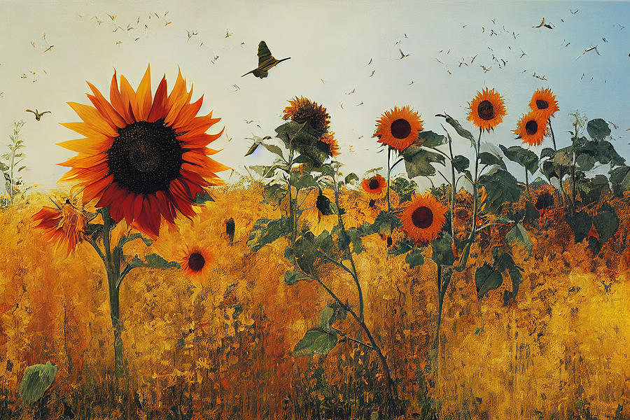 fire  burns  sunflower  field  birds  wind  by  Gerhard  Rich  b2264556396450435  dc5f  645eb043  9b Painting