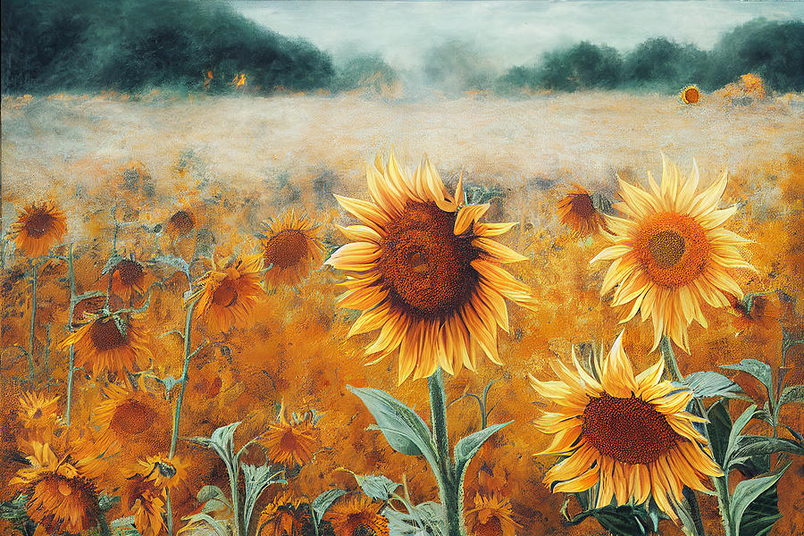 fire  burns  sunflower  field  birds  wind  by  Gerhard  Rich  cd2645563afd9  0b99  645b9645  bec9   Painting by Celestial Images